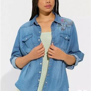 Torrid 3x Embroidered Denim Long Sleeve Button Down Shirt